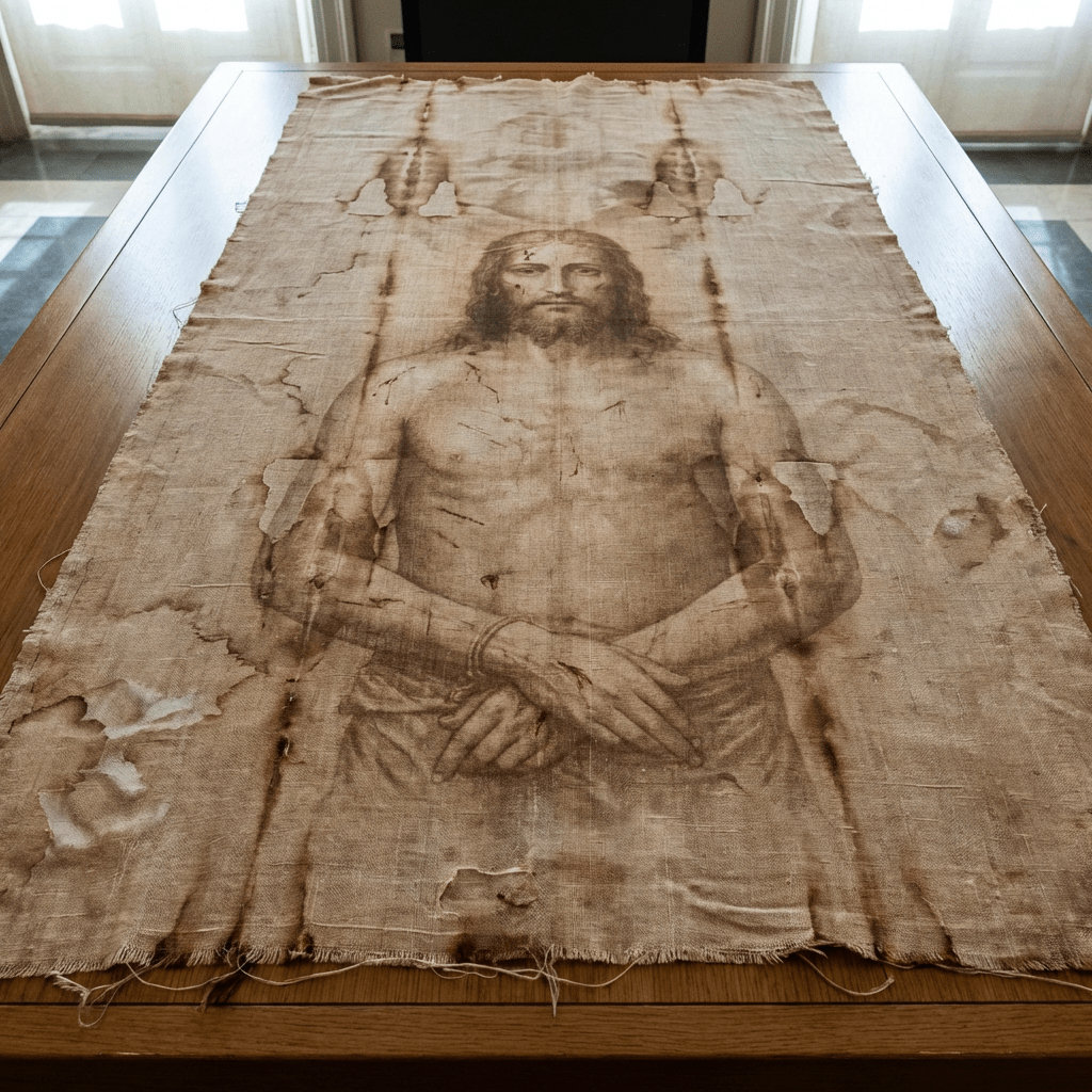 A detailed reproduction of the Shroud of Turin resting on a wooden table.