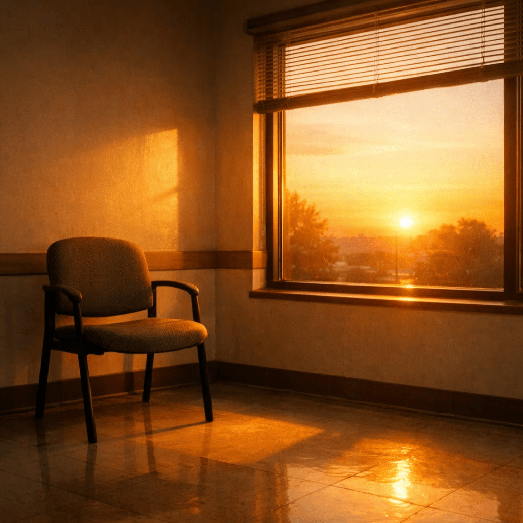 An empty chair near a window with sunlight casting warm shadows