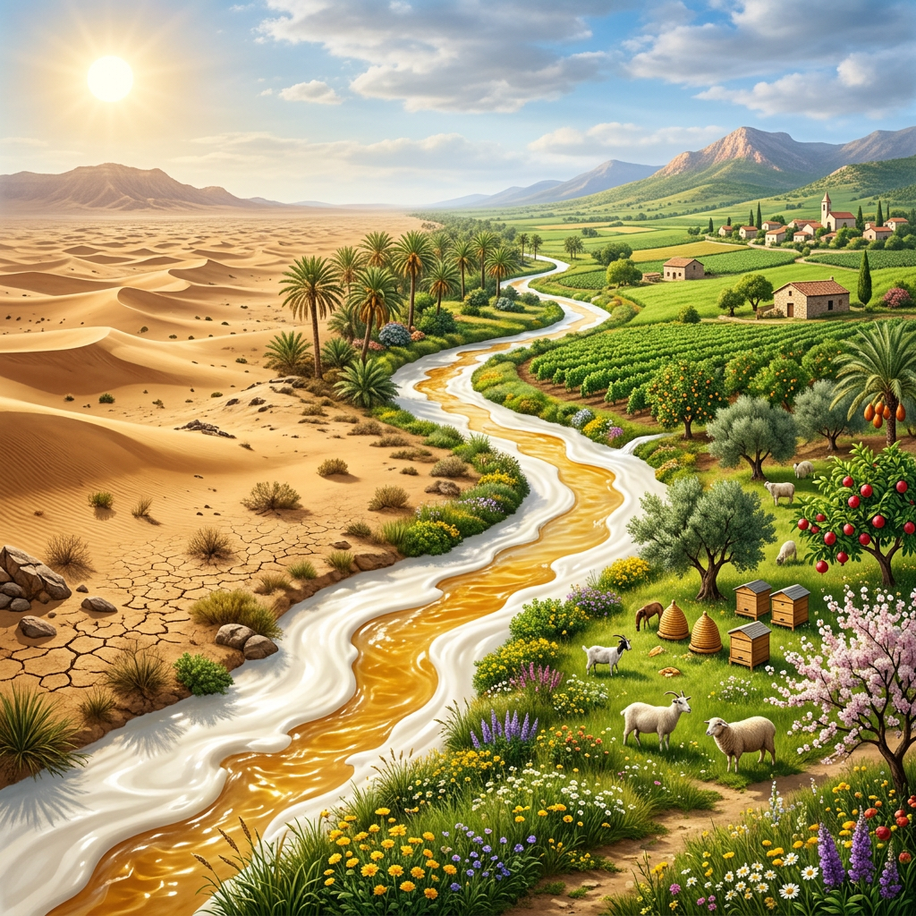 A river dividing a dry desert on one side and green farmland with animals, trees, and flowers on the other