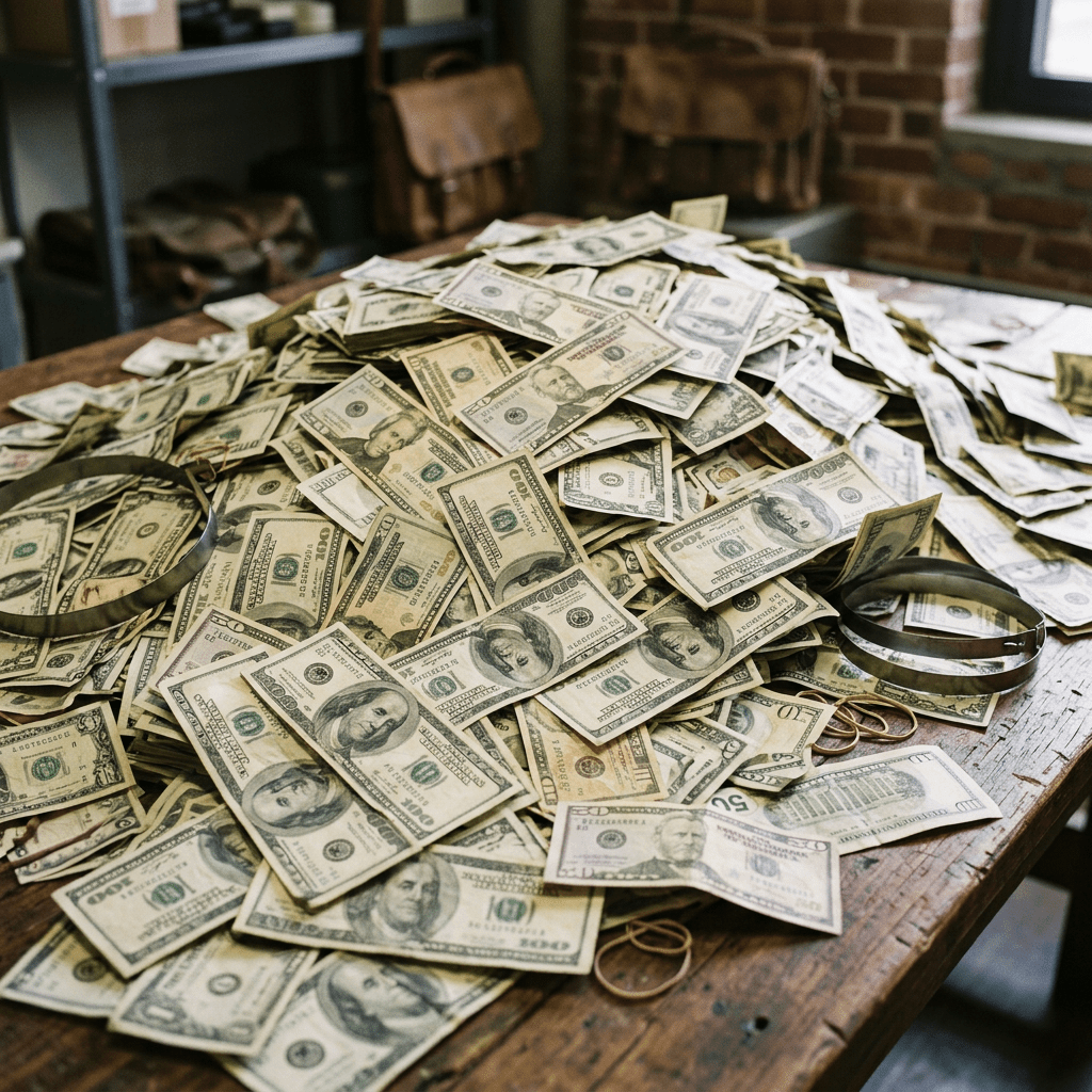 Pile of mixed US dollar bills on a wooden table with rubber bands