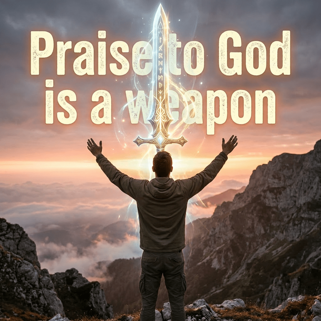 Person standing on mountain top with arms raised toward sunrise and text Praise to God is a weapon