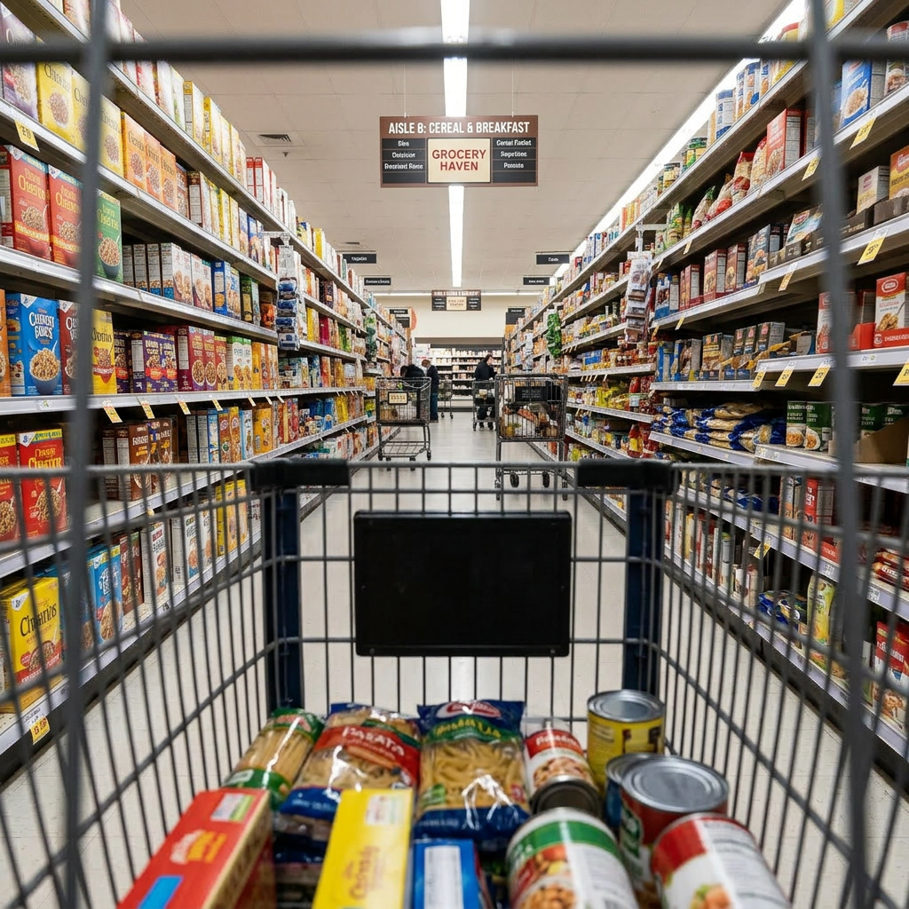 Shopping cart filled with pasta and canned goods in supermarket aisle