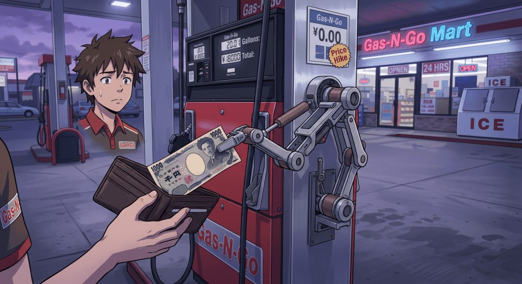 Robotic arm accepting Japanese yen bill at a gas pump